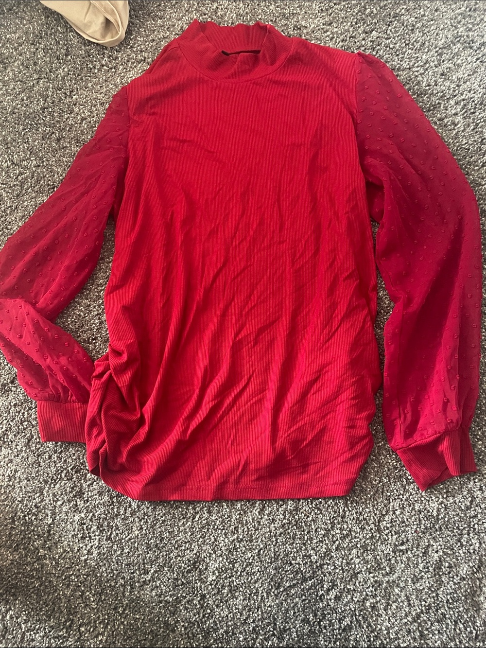Red Mock Neck Maternity Blouse with Sheer Textured Sleeves